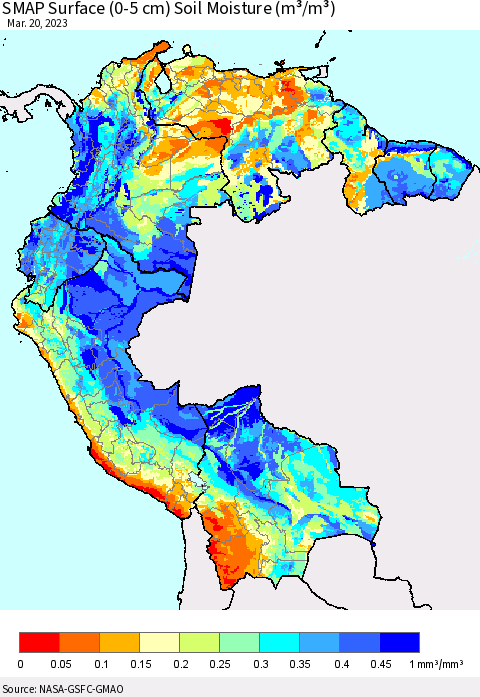 Northern South America SMAP Surface (0-5 cm) Soil Moisture (m³/m³) Thematic Map For 3/16/2023 - 3/20/2023