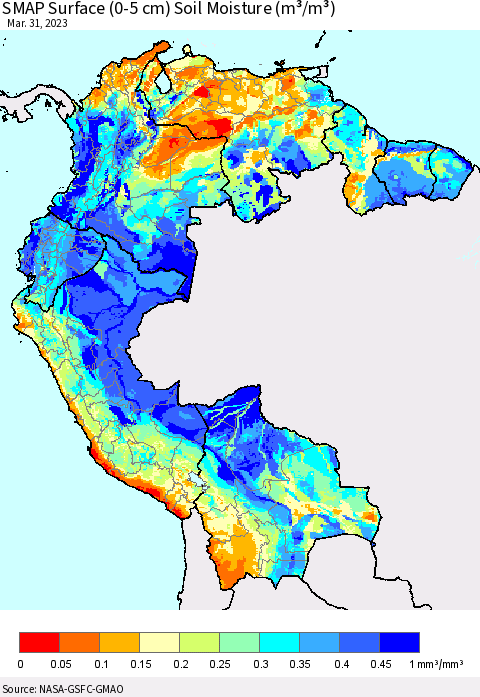 Northern South America SMAP Surface (0-5 cm) Soil Moisture (m³/m³) Thematic Map For 3/26/2023 - 3/31/2023