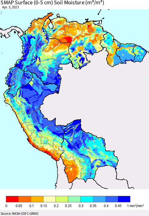 Northern South America SMAP Surface (0-5 cm) Soil Moisture (m³/m³) Thematic Map For 4/1/2023 - 4/5/2023