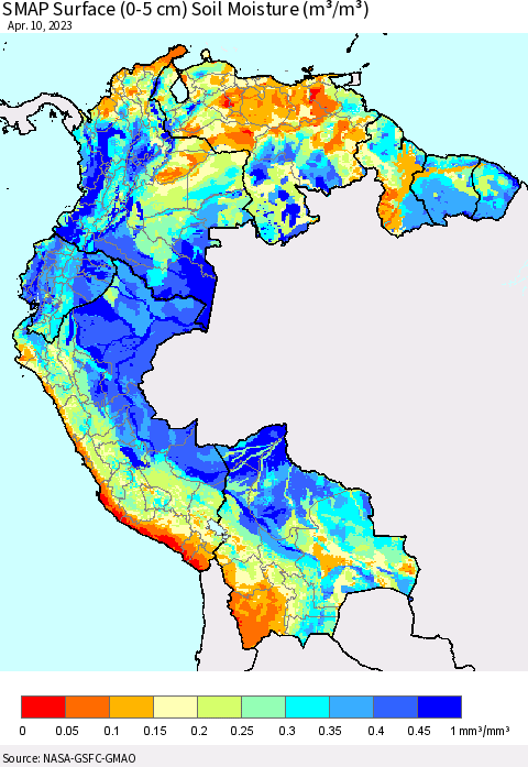 Northern South America SMAP Surface (0-5 cm) Soil Moisture (m³/m³) Thematic Map For 4/6/2023 - 4/10/2023