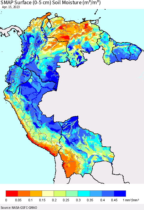 Northern South America SMAP Surface (0-5 cm) Soil Moisture (m³/m³) Thematic Map For 4/11/2023 - 4/15/2023