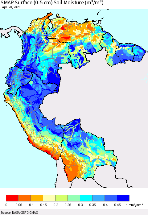 Northern South America SMAP Surface (0-5 cm) Soil Moisture (m³/m³) Thematic Map For 4/16/2023 - 4/20/2023