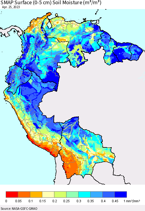 Northern South America SMAP Surface (0-5 cm) Soil Moisture (m³/m³) Thematic Map For 4/21/2023 - 4/25/2023