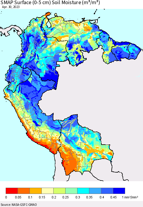 Northern South America SMAP Surface (0-5 cm) Soil Moisture (m³/m³) Thematic Map For 4/26/2023 - 4/30/2023