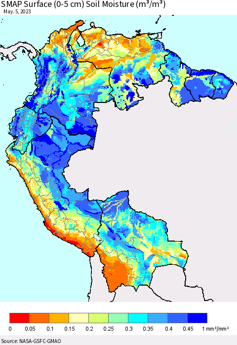 Northern South America SMAP Surface (0-5 cm) Soil Moisture (m³/m³) Thematic Map For 5/1/2023 - 5/5/2023