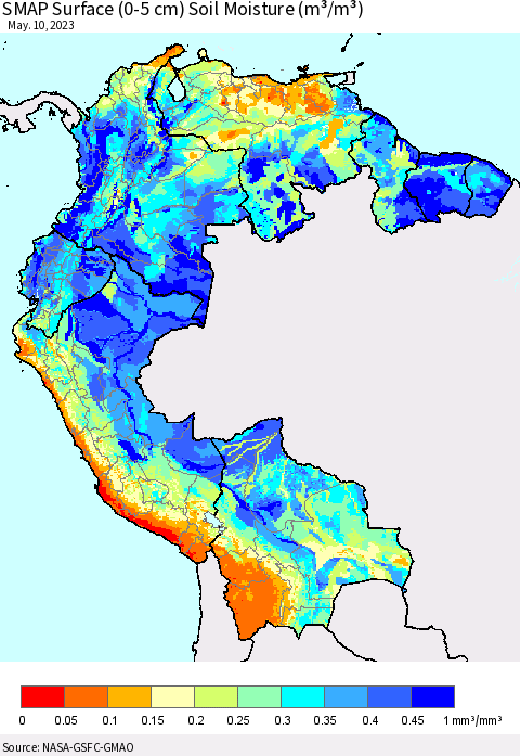 Northern South America SMAP Surface (0-5 cm) Soil Moisture (m³/m³) Thematic Map For 5/6/2023 - 5/10/2023