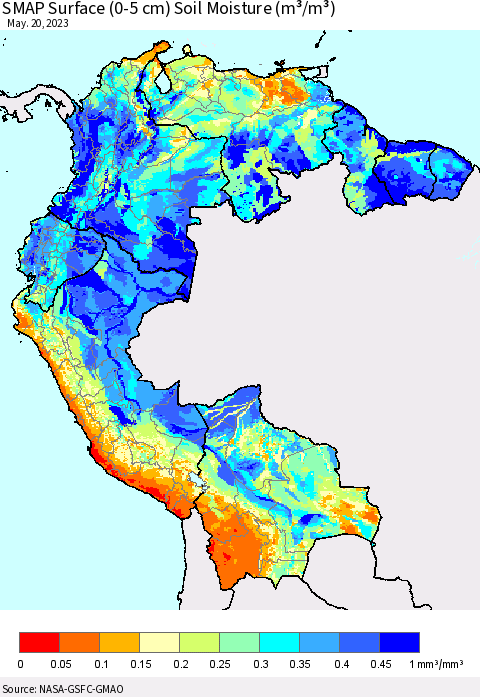 Northern South America SMAP Surface (0-5 cm) Soil Moisture (m³/m³) Thematic Map For 5/16/2023 - 5/20/2023