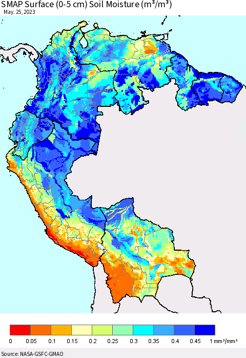 Northern South America SMAP Surface (0-5 cm) Soil Moisture (m³/m³) Thematic Map For 5/21/2023 - 5/25/2023