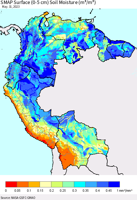 Northern South America SMAP Surface (0-5 cm) Soil Moisture (m³/m³) Thematic Map For 5/26/2023 - 5/31/2023