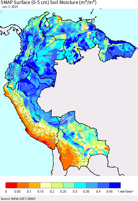 Northern South America SMAP Surface (0-5 cm) Soil Moisture (m³/m³) Thematic Map For 6/1/2023 - 6/5/2023