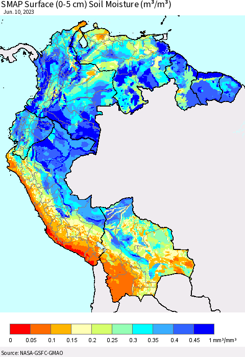 Northern South America SMAP Surface (0-5 cm) Soil Moisture (m³/m³) Thematic Map For 6/6/2023 - 6/10/2023