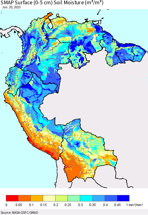 Northern South America SMAP Surface (0-5 cm) Soil Moisture (m³/m³) Thematic Map For 6/16/2023 - 6/20/2023