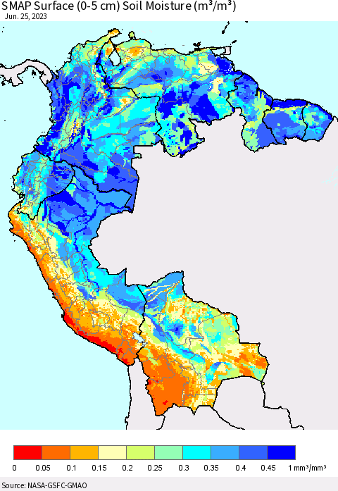 Northern South America SMAP Surface (0-5 cm) Soil Moisture (m³/m³) Thematic Map For 6/21/2023 - 6/25/2023