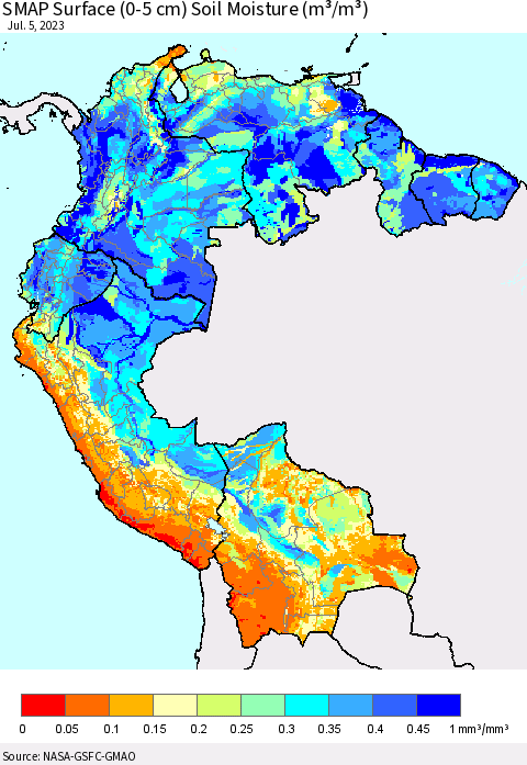 Northern South America SMAP Surface (0-5 cm) Soil Moisture (m³/m³) Thematic Map For 7/1/2023 - 7/5/2023