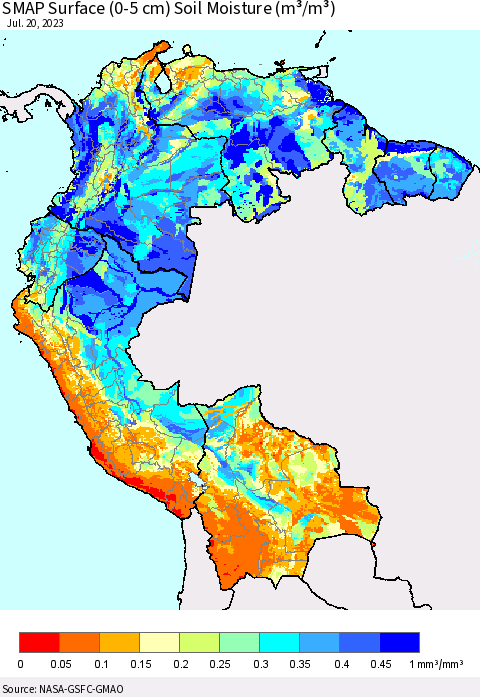 Northern South America SMAP Surface (0-5 cm) Soil Moisture (m³/m³) Thematic Map For 7/16/2023 - 7/20/2023