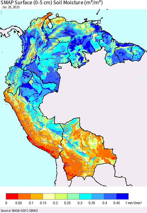 Northern South America SMAP Surface (0-5 cm) Soil Moisture (m³/m³) Thematic Map For 7/21/2023 - 7/25/2023