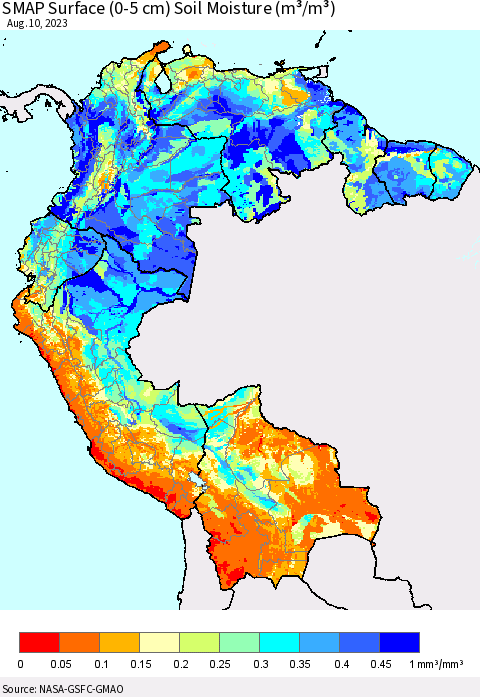 Northern South America SMAP Surface (0-5 cm) Soil Moisture (m³/m³) Thematic Map For 8/6/2023 - 8/10/2023