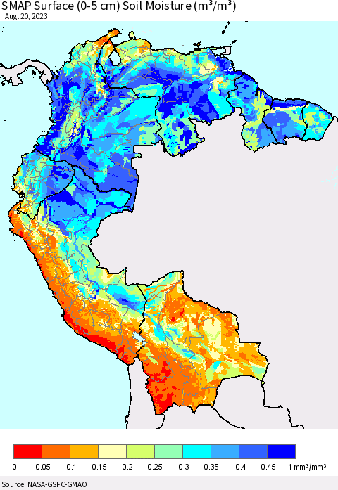 Northern South America SMAP Surface (0-5 cm) Soil Moisture (m³/m³) Thematic Map For 8/16/2023 - 8/20/2023