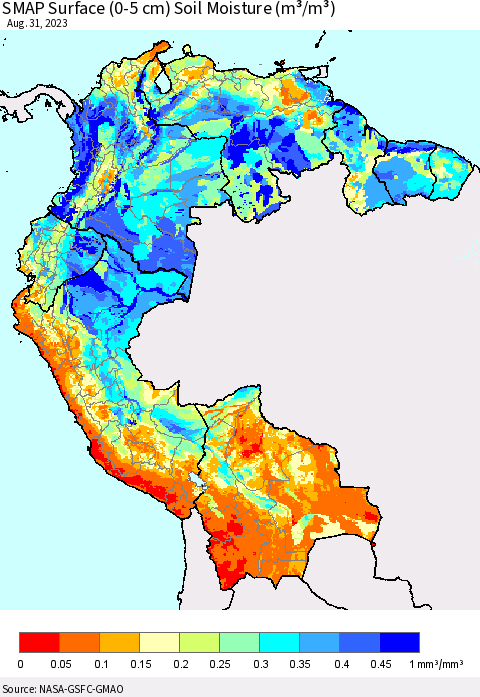 Northern South America SMAP Surface (0-5 cm) Soil Moisture (m³/m³) Thematic Map For 8/26/2023 - 8/31/2023