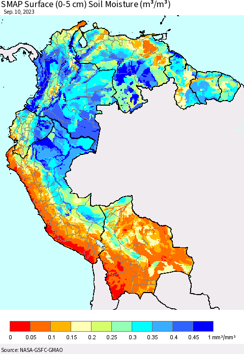Northern South America SMAP Surface (0-5 cm) Soil Moisture (m³/m³) Thematic Map For 9/6/2023 - 9/10/2023