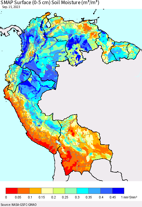 Northern South America SMAP Surface (0-5 cm) Soil Moisture (m³/m³) Thematic Map For 9/11/2023 - 9/15/2023