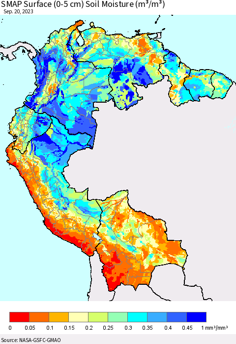 Northern South America SMAP Surface (0-5 cm) Soil Moisture (m³/m³) Thematic Map For 9/16/2023 - 9/20/2023