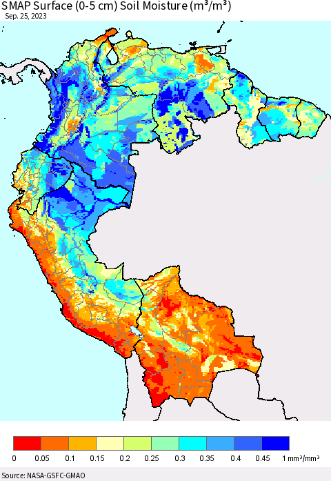 Northern South America SMAP Surface (0-5 cm) Soil Moisture (m³/m³) Thematic Map For 9/21/2023 - 9/25/2023