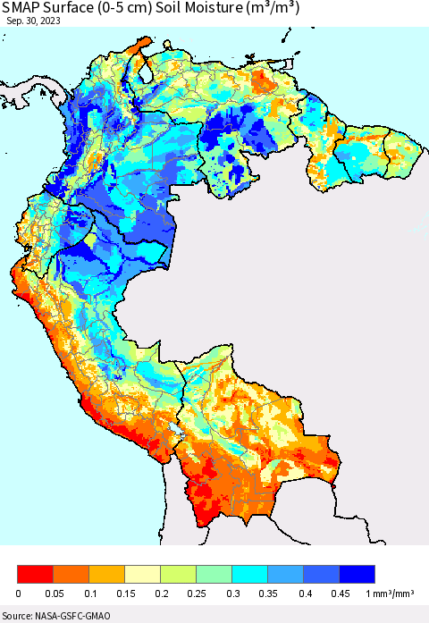 Northern South America SMAP Surface (0-5 cm) Soil Moisture (m³/m³) Thematic Map For 9/26/2023 - 9/30/2023