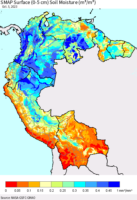 Northern South America SMAP Surface (0-5 cm) Soil Moisture (m³/m³) Thematic Map For 10/1/2023 - 10/5/2023