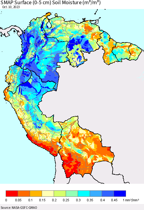 Northern South America SMAP Surface (0-5 cm) Soil Moisture (m³/m³) Thematic Map For 10/6/2023 - 10/10/2023
