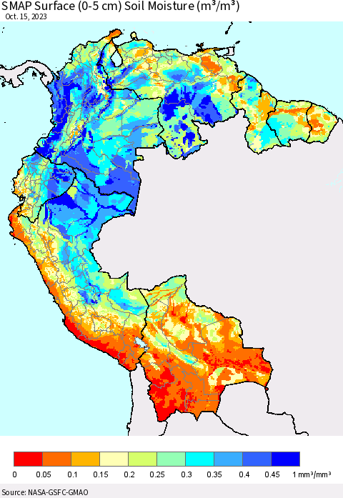 Northern South America SMAP Surface (0-5 cm) Soil Moisture (m³/m³) Thematic Map For 10/11/2023 - 10/15/2023