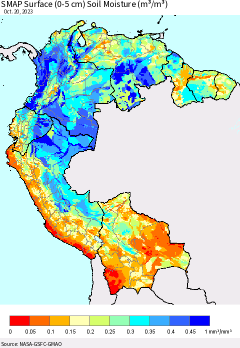 Northern South America SMAP Surface (0-5 cm) Soil Moisture (m³/m³) Thematic Map For 10/16/2023 - 10/20/2023