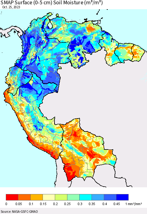 Northern South America SMAP Surface (0-5 cm) Soil Moisture (m³/m³) Thematic Map For 10/21/2023 - 10/25/2023
