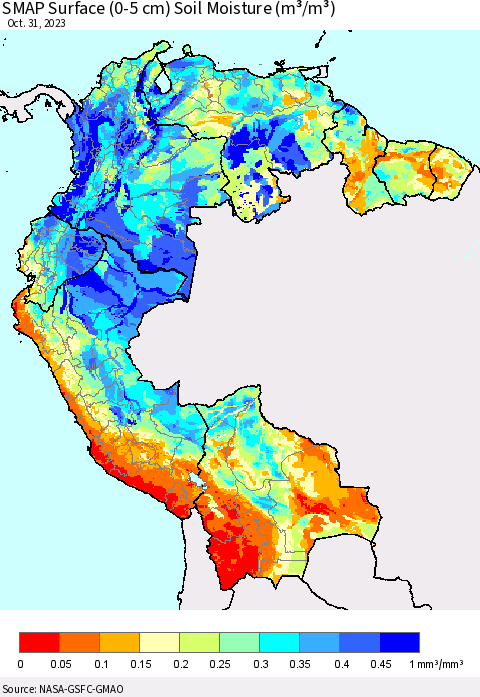 Northern South America SMAP Surface (0-5 cm) Soil Moisture (m³/m³) Thematic Map For 10/26/2023 - 10/31/2023