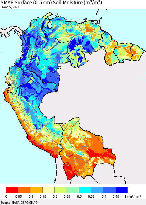 Northern South America SMAP Surface (0-5 cm) Soil Moisture (m³/m³) Thematic Map For 11/1/2023 - 11/5/2023
