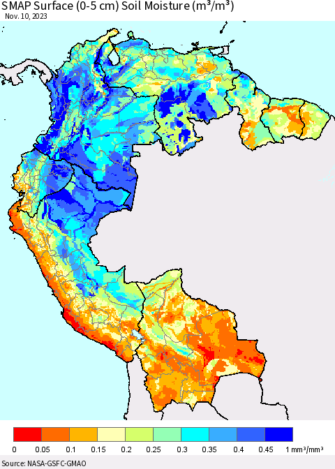 Northern South America SMAP Surface (0-5 cm) Soil Moisture (m³/m³) Thematic Map For 11/6/2023 - 11/10/2023