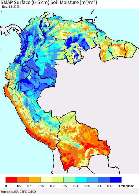Northern South America SMAP Surface (0-5 cm) Soil Moisture (m³/m³) Thematic Map For 11/11/2023 - 11/15/2023