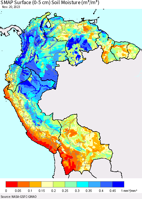 Northern South America SMAP Surface (0-5 cm) Soil Moisture (m³/m³) Thematic Map For 11/16/2023 - 11/20/2023