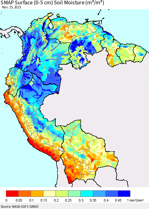 Northern South America SMAP Surface (0-5 cm) Soil Moisture (m³/m³) Thematic Map For 11/21/2023 - 11/25/2023