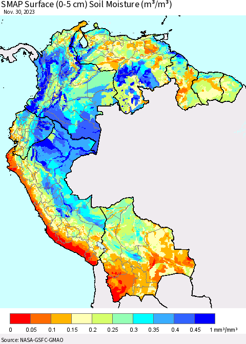Northern South America SMAP Surface (0-5 cm) Soil Moisture (m³/m³) Thematic Map For 11/26/2023 - 11/30/2023