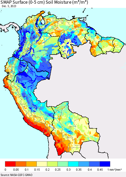 Northern South America SMAP Surface (0-5 cm) Soil Moisture (m³/m³) Thematic Map For 12/1/2023 - 12/5/2023