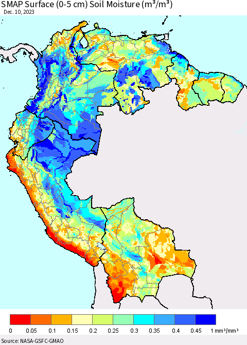 Northern South America SMAP Surface (0-5 cm) Soil Moisture (m³/m³) Thematic Map For 12/6/2023 - 12/10/2023