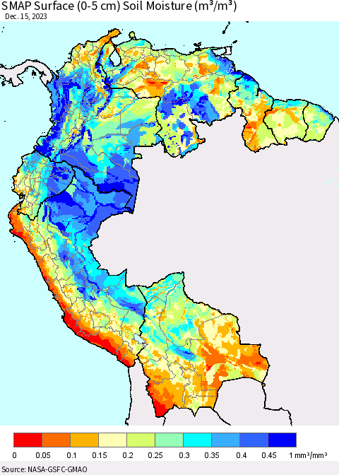 Northern South America SMAP Surface (0-5 cm) Soil Moisture (m³/m³) Thematic Map For 12/11/2023 - 12/15/2023