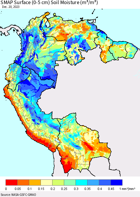 Northern South America SMAP Surface (0-5 cm) Soil Moisture (m³/m³) Thematic Map For 12/16/2023 - 12/20/2023