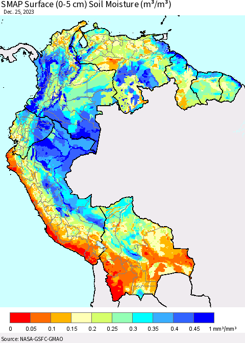 Northern South America SMAP Surface (0-5 cm) Soil Moisture (m³/m³) Thematic Map For 12/21/2023 - 12/25/2023