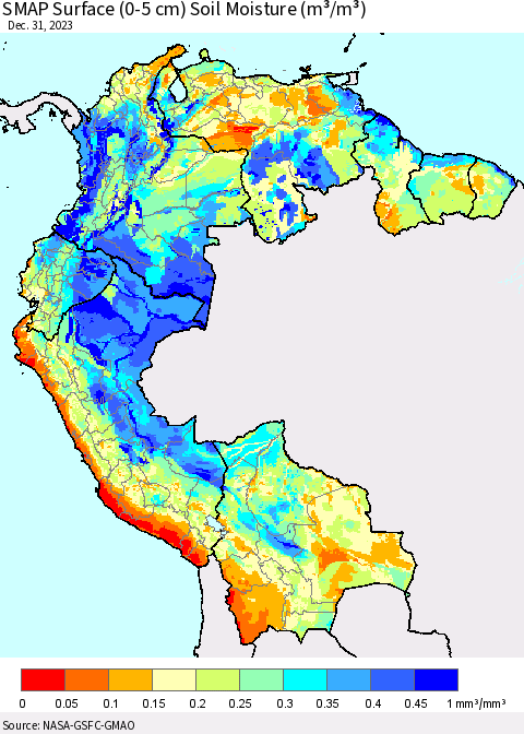 Northern South America SMAP Surface (0-5 cm) Soil Moisture (m³/m³) Thematic Map For 12/26/2023 - 12/31/2023