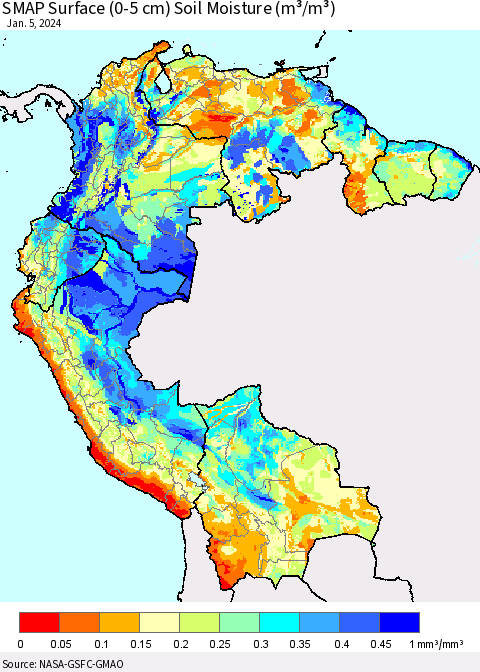 Northern South America SMAP Surface (0-5 cm) Soil Moisture (m³/m³) Thematic Map For 1/1/2024 - 1/5/2024