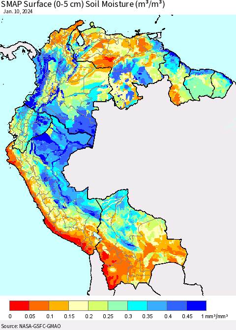 Northern South America SMAP Surface (0-5 cm) Soil Moisture (m³/m³) Thematic Map For 1/6/2024 - 1/10/2024