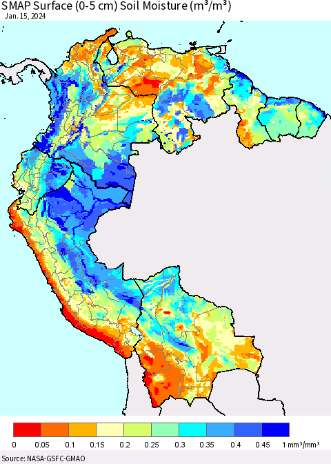 Northern South America SMAP Surface (0-5 cm) Soil Moisture (m³/m³) Thematic Map For 1/11/2024 - 1/15/2024