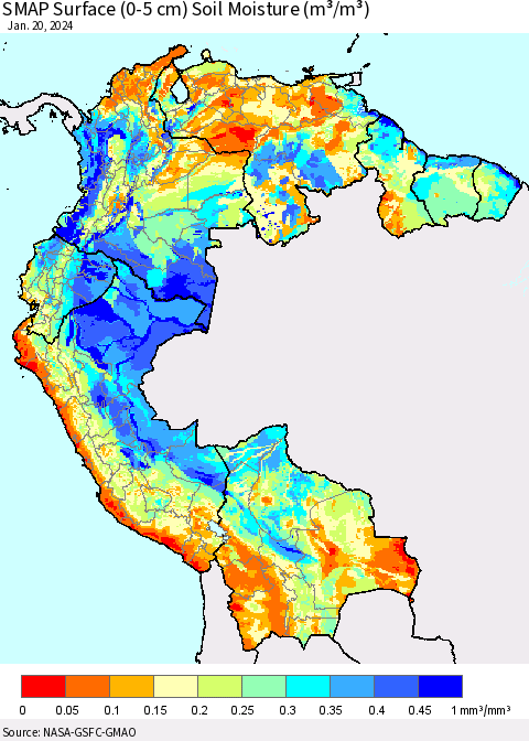 Northern South America SMAP Surface (0-5 cm) Soil Moisture (m³/m³) Thematic Map For 1/16/2024 - 1/20/2024